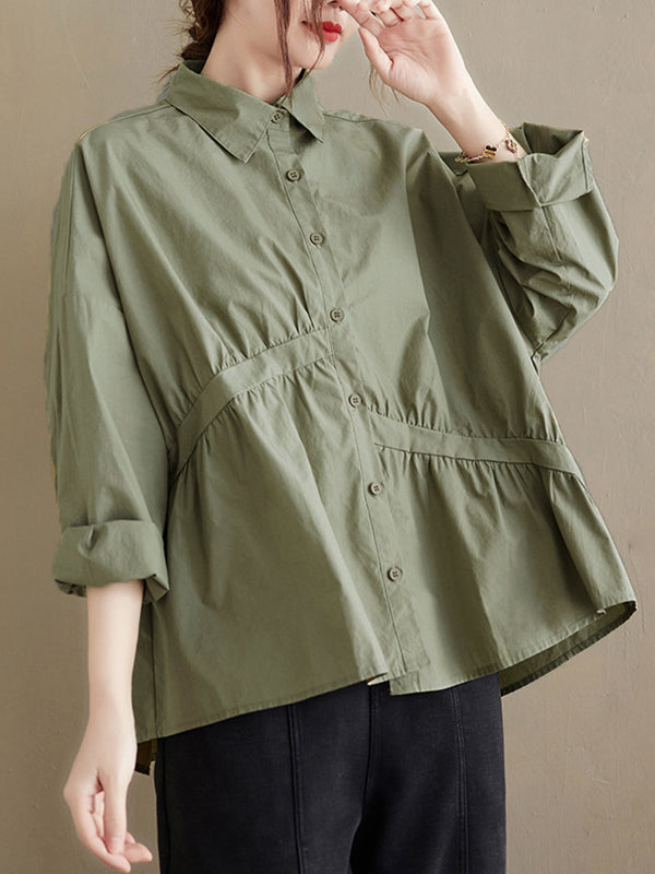 flowersverse Casual Loose 3 Colors Buttoned Lapel Collar Long Sleeves Blouse