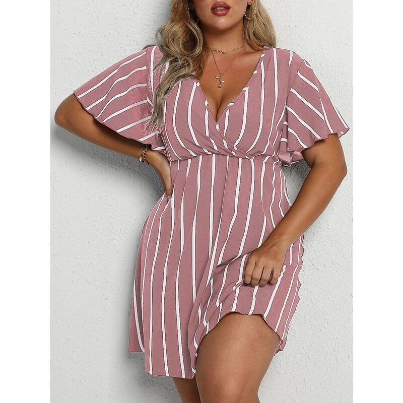 flowersverse Women's Plus Size Casual Dress A Line Dress Stripe Mini Dress Short Sleeve Print V Neck Fashion Outdoor ArmyGreen Black Spring Summer L XL XXL 3XL 4XL