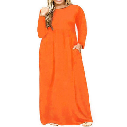 flowersverse Women's Plus Size Casual Dress T Shirt Dress Tee Dress Solid Color Long Dress Maxi Dress Long Sleeve Pocket Crew Neck Classic Daily Navy Blue Orange Winter Fall L XL 3XL 4XL 5XL