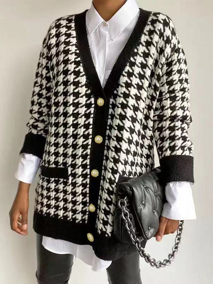 flowersverse Urban Long Sleeves Checkered V-Neck Cardigan Tops