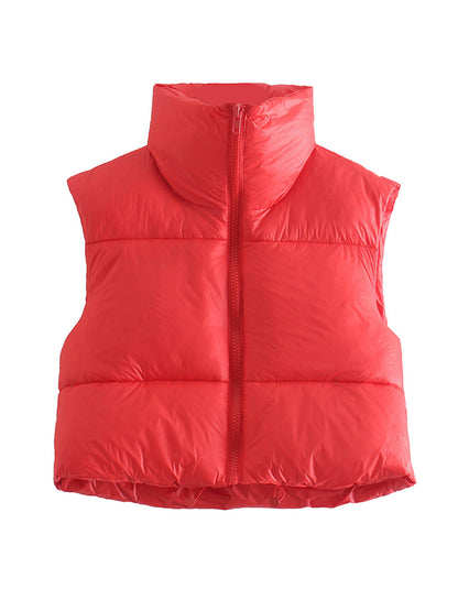 flowersverse Skinny Sleeveless Solid Color Zipper Stand Collar Padded Vest Vest Top