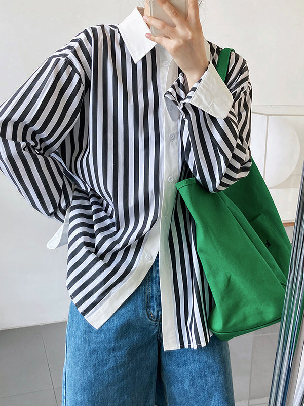 flowersverse Simple Long Sleeves Contrast Color Striped Lapel Blouse Top