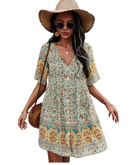 flowersverse Floral Print Summer Short Dress Women Casual V Neck Bohemian Short Sleeve Dress For Woman Fashion Sexy Spring Dress