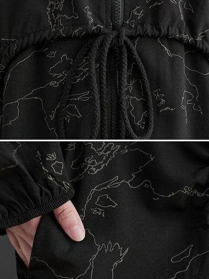 flowersverse Vintage Irregularity Loose Drawstring Printed Zipper Hooded Trench Coats