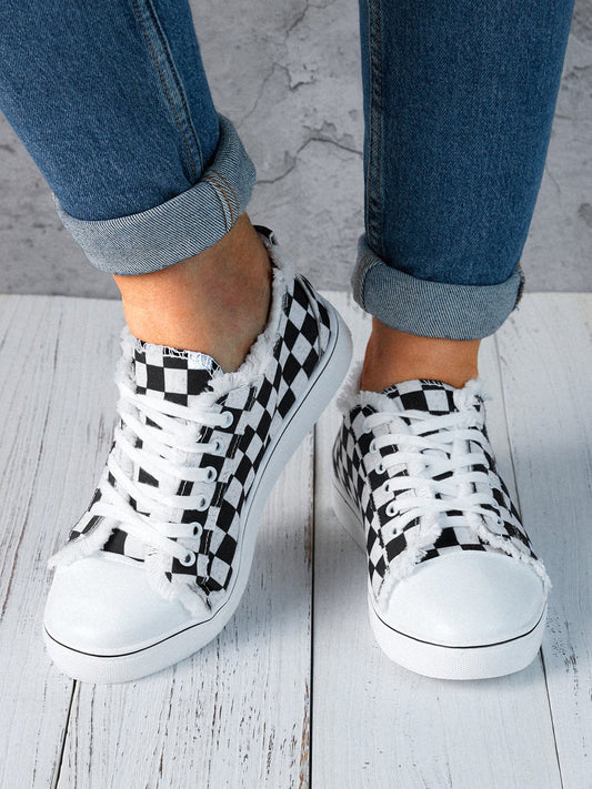 flowersverse Black And White Checkerboard Graphic Distressed Canvas Flats