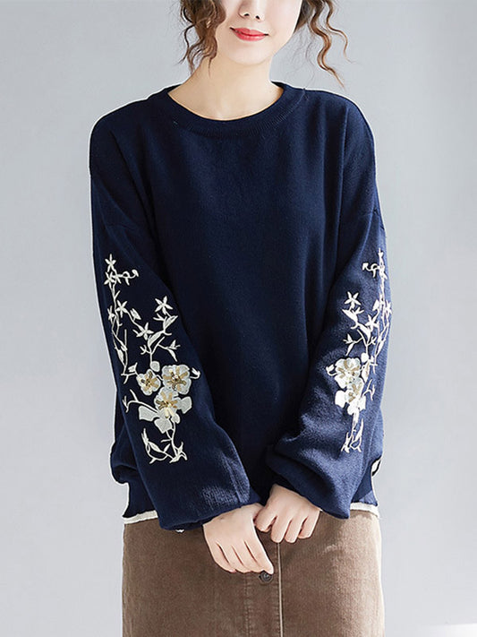 flowersverse Original Embroidere Round-Neck Knitting Sweater