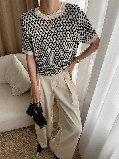 flowersverse Houndstooth Half Sleeves Round-Neck Sweater Tops