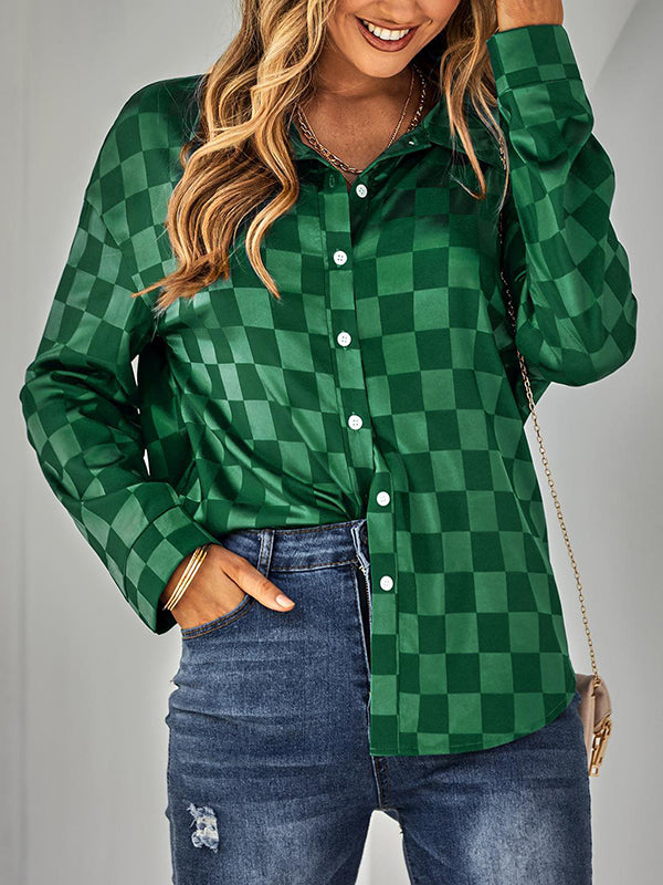 flowersverse Buttoned Plaid Long Sleeves Loose Lapel Blouses&shirts Tops