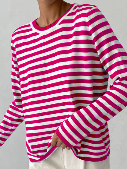 flowersverse Split-Joint Striped Long Sleeves Loose Round-Neck Sweater Tops