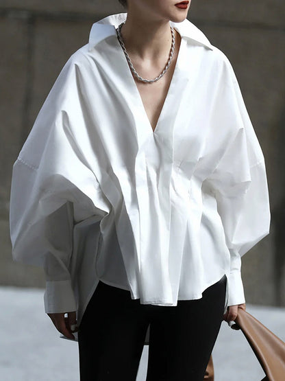 flowersverse Original Creation Long Sleeves Loose Pleated Solid Color Lapel Collar Blouses&Shirts Tops