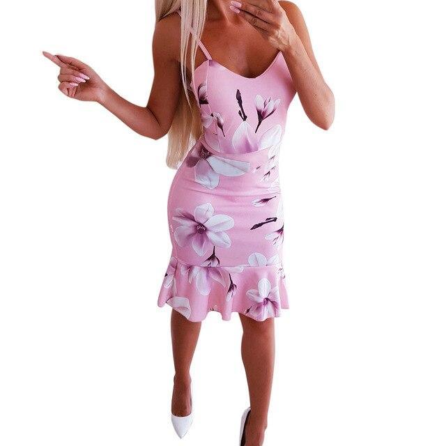 flowersverse Women Warp Dress Sexy Dress Party Night Sexy Floral Printed Off Shoulder Sleeveless Ruffled Bodycon Mini Dress