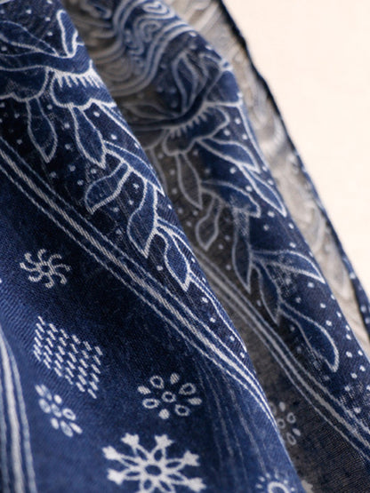 flowersverse Printed Blue-And-White Sun-protection Tasseled Shawl&Scarf