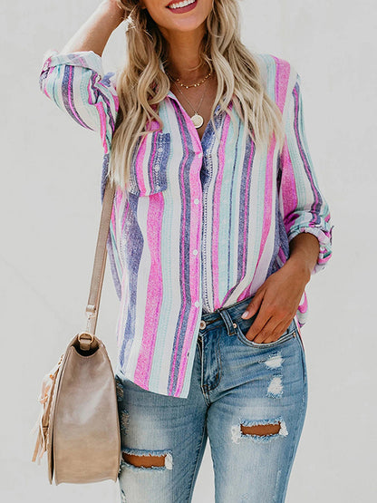 flowersverse Buttoned Pockets Striped High-Low Long Sleeves Lapel Blouses&Shirts Tops