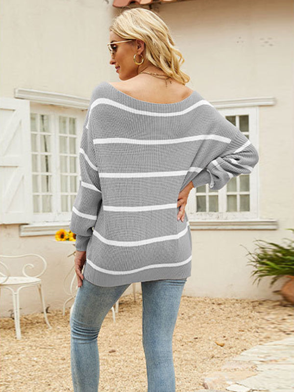 flowersverse Long Sleeves Striped Off-The-Shoulder Sweater Tops