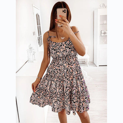 flowersverse Small Floral Digital Printing Mid Waist Fresh Sweet Strap Dress