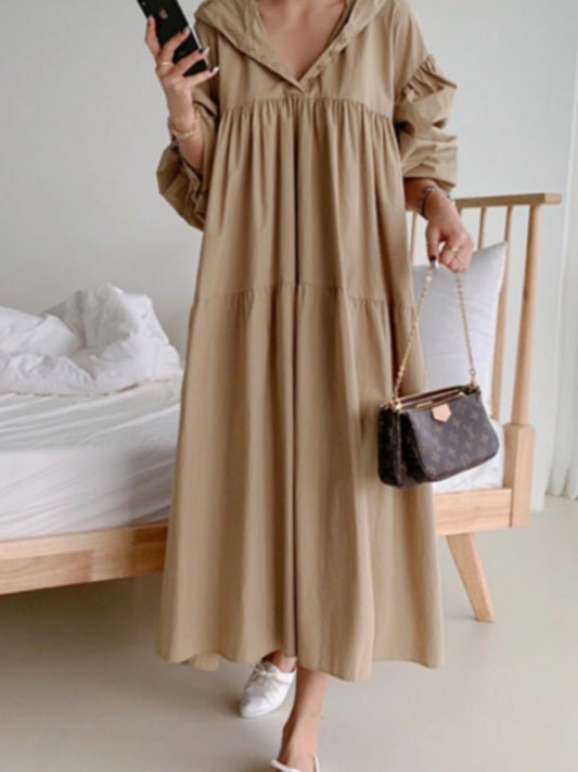 flowersverse Urban Solid Color Pleated Long Sleeves Hooded Midi Dress