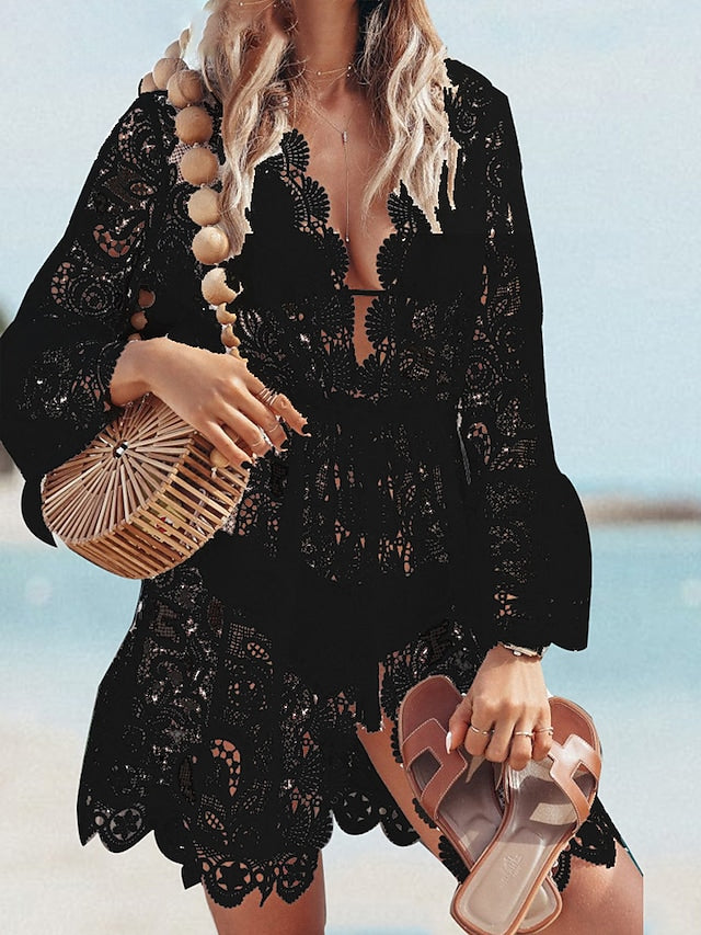 flowersverse Women's Cover Up Beach Dress Beach Wear Mini Dress Ruched Hollow Out Fashion Boho Plain V Neck Long Sleeve Loose Fit Outdoor Vacation Black White  Summer Spring S M L XL