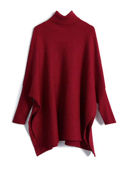 flowersverse Simple Loose Solid Color High-Neck Batwing Sleeves Sweater