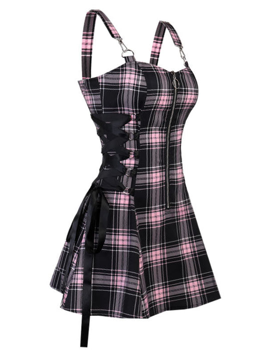 flowersverse Gothic Plaid Lace Up Half Zipper Dress A-Line Mini Daily Sexy Dresses for women Sleeveless Dresses