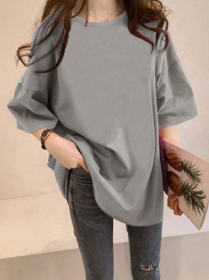 flowersverse Casual Loose Puff Sleeve Round-Neck T-Shirts Tops