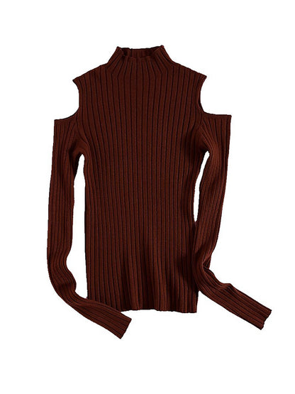 flowersverse Hollow Solid Color Long Sleeves Skinny Mock Neck Sweater Tops Pullovers Knitwear