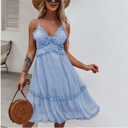 flowersverse V-neck Halter Floral Suspender Dress With Wood Ears