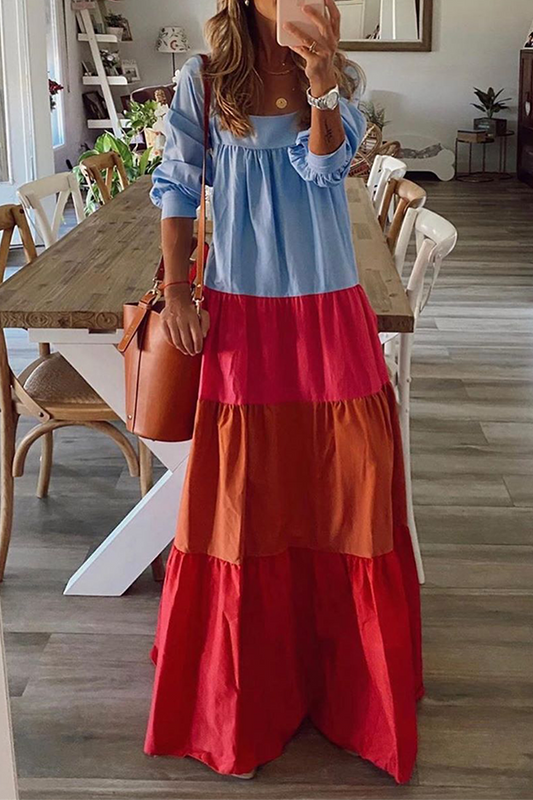 flowersverse Casual Patchwork Flounce  Contrast Square Collar Cake Skirt Dresses