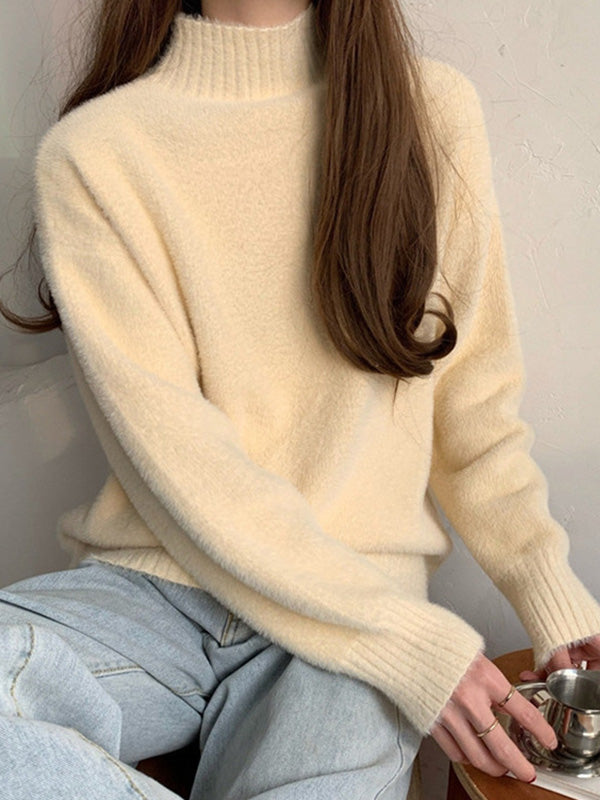 flowersverse Solid Color Long Sleeves Loose Mock Neck Sweater Tops Pullovers