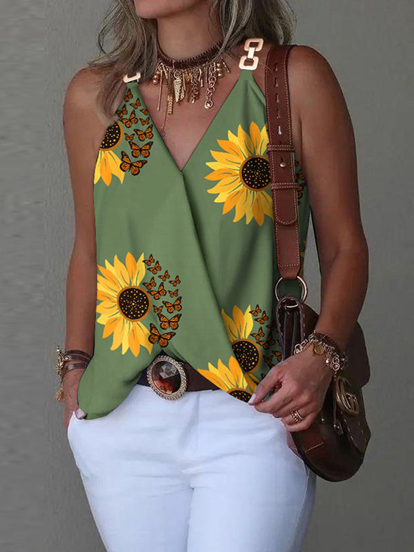 flowersverse Flower Print Split-Joint Sleeveless V-Neck Vest Top