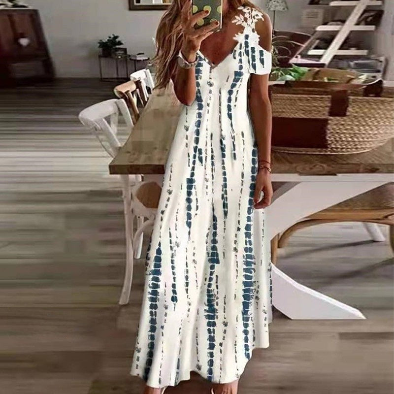 flowersverse Floral Loose V Neck Casual Striped Maxi Dress