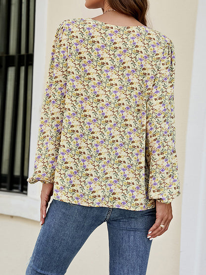 flowersverse Flower Print Bishop Sleeve Long Sleeves Square-Neck Blouses&Shirts Tops