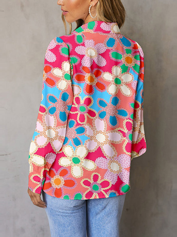 flowersverse Buttoned Flower Print Bishop Sleeve Long Sleeves Lapel Blouses&Shirts Tops