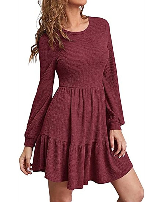 flowersverse Women's Casual Dress Sheath Dress Semi Formal Dress Plain Ruffle Crew Neck Mini Dress Basic Outdoor Daily Long Sleeve Regular Fit Black Red Light Brown Fall Spring S M L XL XXL