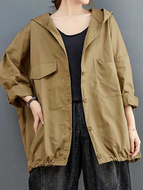 flowersverse Buttoned Pleated Pockets Solid Color Long Sleeves Loose Hooded Trench Coats Outerwear