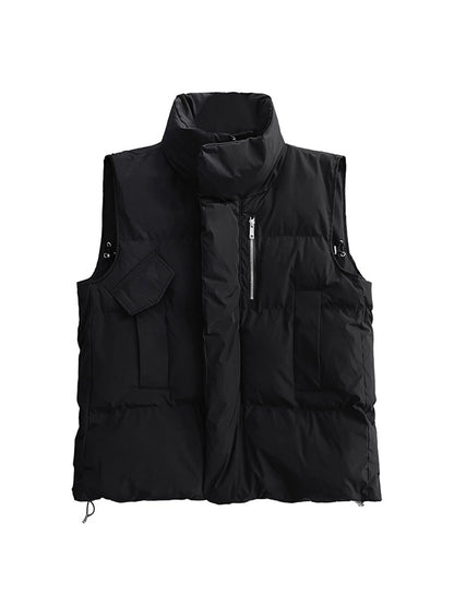 flowersverse Pockets Quilted Solid Color Velvet Zipper Loose Sleeveless Stand Collar Vest Outerwear Padded Coat