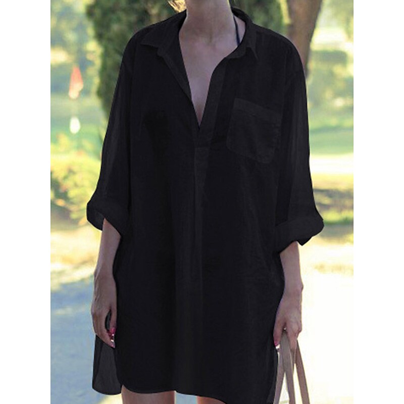 flowersverse Women's Cover Up Beach Dress Beach Wear Mini Dress Button Pocket Basic Casual Plain Stand Collar Long Sleeve Loose Fit Outdoor Daily Black White  Fall Spring One Size