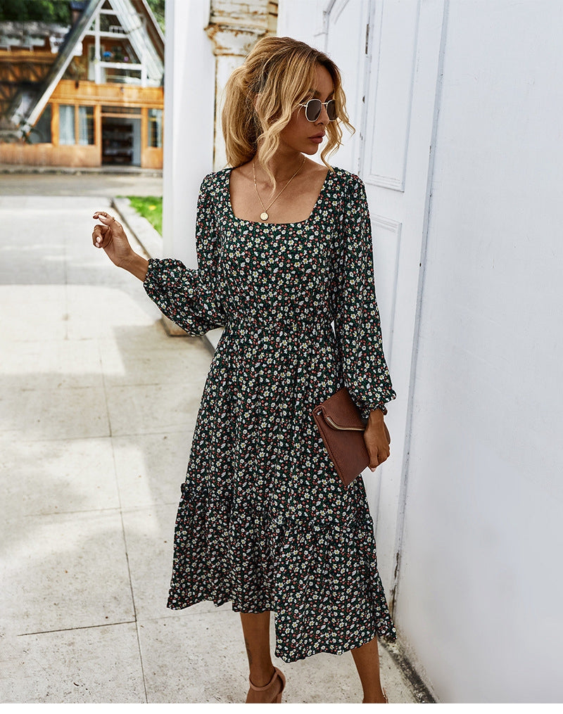 flowersverse Retro Ladies Square Collar Floral Long Dress Autumn Winter Women High Waist Full Sleeve Elegant Chic Dress