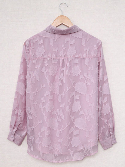 flowersverse Jacquard See-Through Solid Color Long Sleeves Lapel Blouses&Shirts Tops