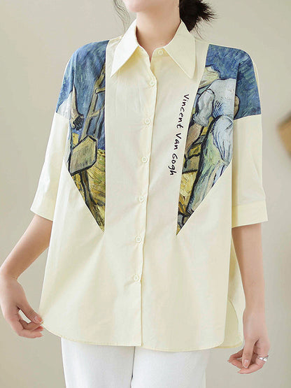 flowersverse Printed Half Sleeves Loose Lapel Blouses&shirts Tops