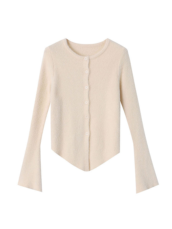 flowersverse Simple Skinny Long Sleeves Buttoned Solid Color Round-Neck Cardigan Tops