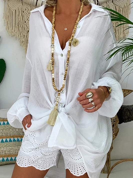flowersverse Vintage Long Sleeves Buttoned See-Through Solid Color Lapel Blouses&Shirts Tops