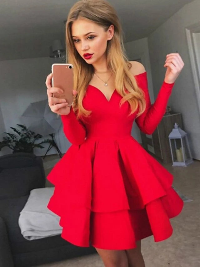 flowersverse Women's A-Line Dress Short Mini Dress Long Sleeve Solid Colored Layered Fall Spring Hot Sexy White Black Red White Dresses