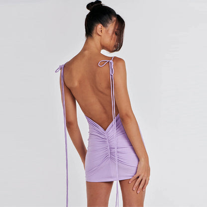 flowersverse Women Summer Sexy Backless Ruched Tie Bodycon Dress