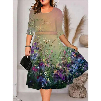 flowersverse Women's Plus Size Work Dress A Line Dress Floral Midi Dress Half Sleeve Print Crew Neck Elegant Office Blue Purple Spring Summer XL XXL 3XL 4XL 5XL