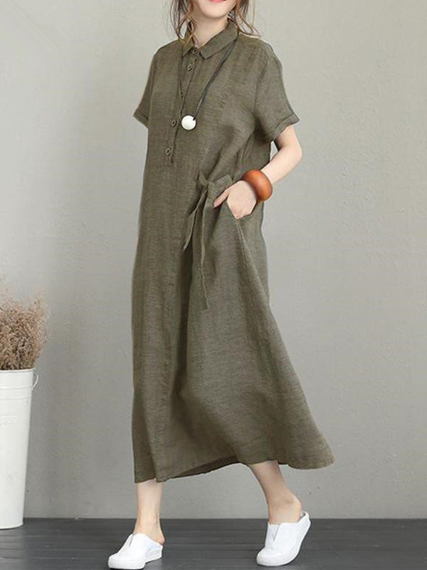 flowersverse Original Cotton-Blend Lapel Solid Color Dress