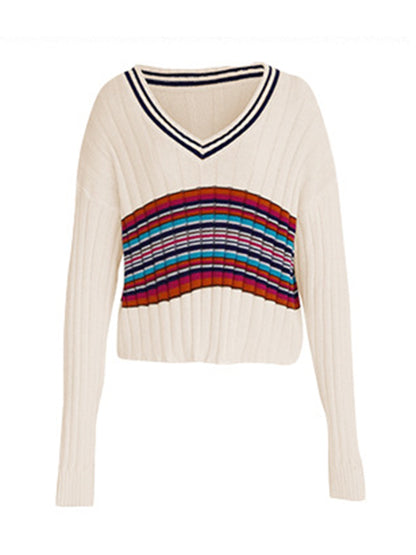 flowersverse Casual Long Sleeves Striped V-Neck Sweater Tops