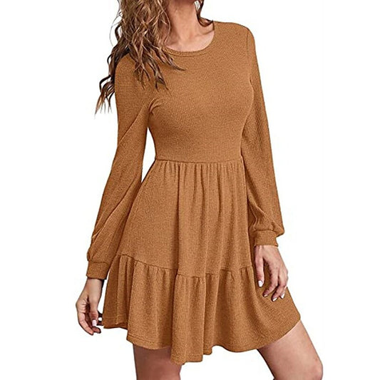 flowersverse Women's Casual Dress Sheath Dress Semi Formal Dress Plain Ruffle Crew Neck Mini Dress Basic Outdoor Daily Long Sleeve Regular Fit Black Red Light Brown Fall Spring S M L XL XXL