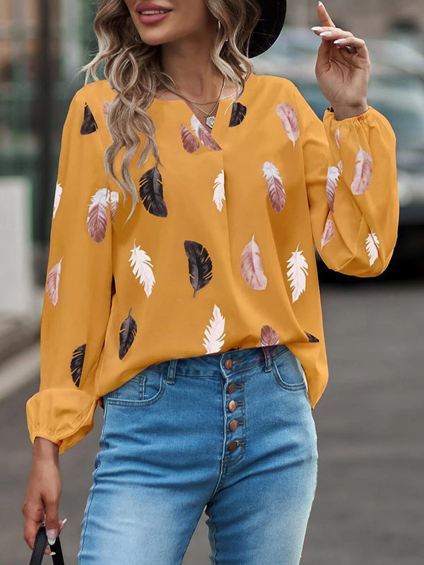 flowersverse Printed Long Sleeves Loose V-Neck Blouses&Shirts Tops