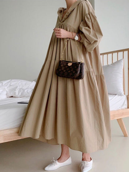 flowersverse Urban Solid Color Pleated Long Sleeves Hooded Midi Dress