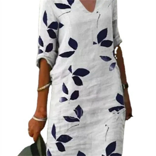 flowersverse Women's Vintage Leaf Print Half Sleeve Casual Dress